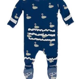 2/$40 Kickee Pants Navy Swans Newborn Ruffle Footie NWT